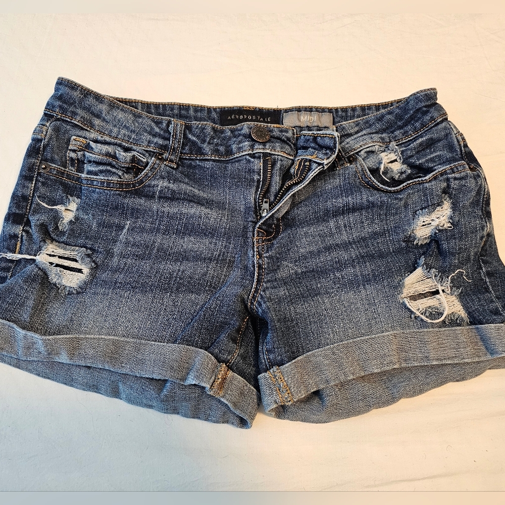 Aeropostale Distressed Rolled-Hem Denim Shorts - Blue